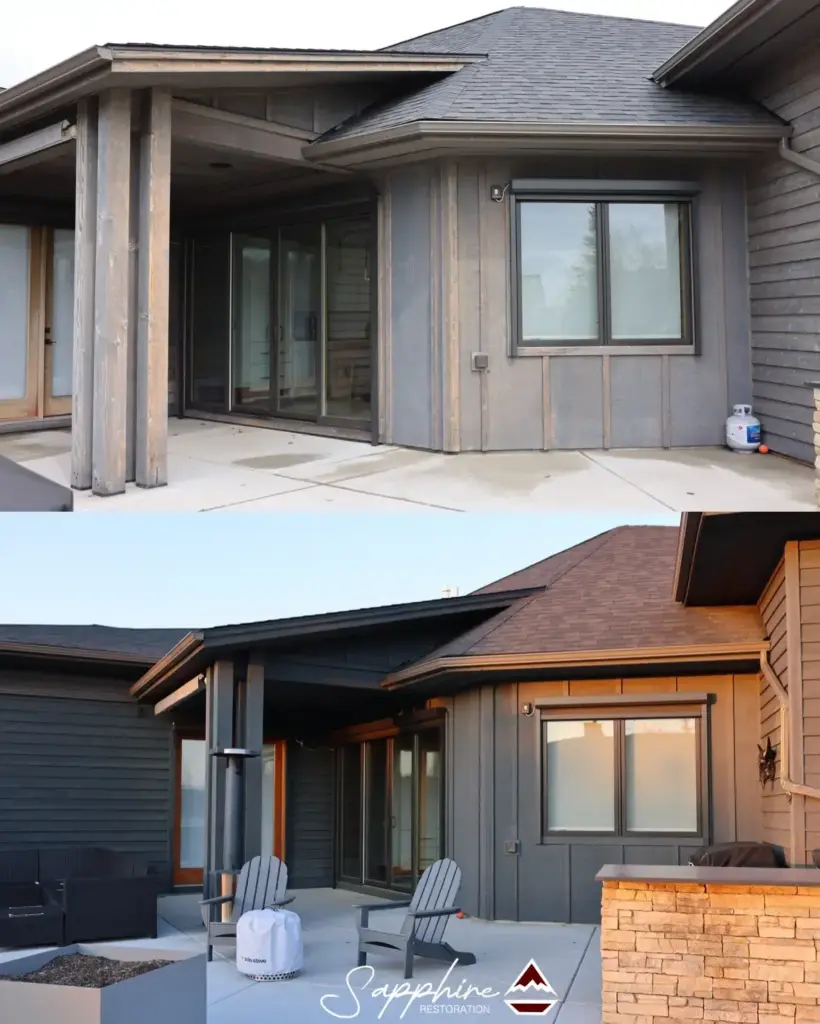 Before-and-after view of a house back patio showing weathered gray siding and glass doors (top) transitioning to finished dark gray siding and updated window (bottom).