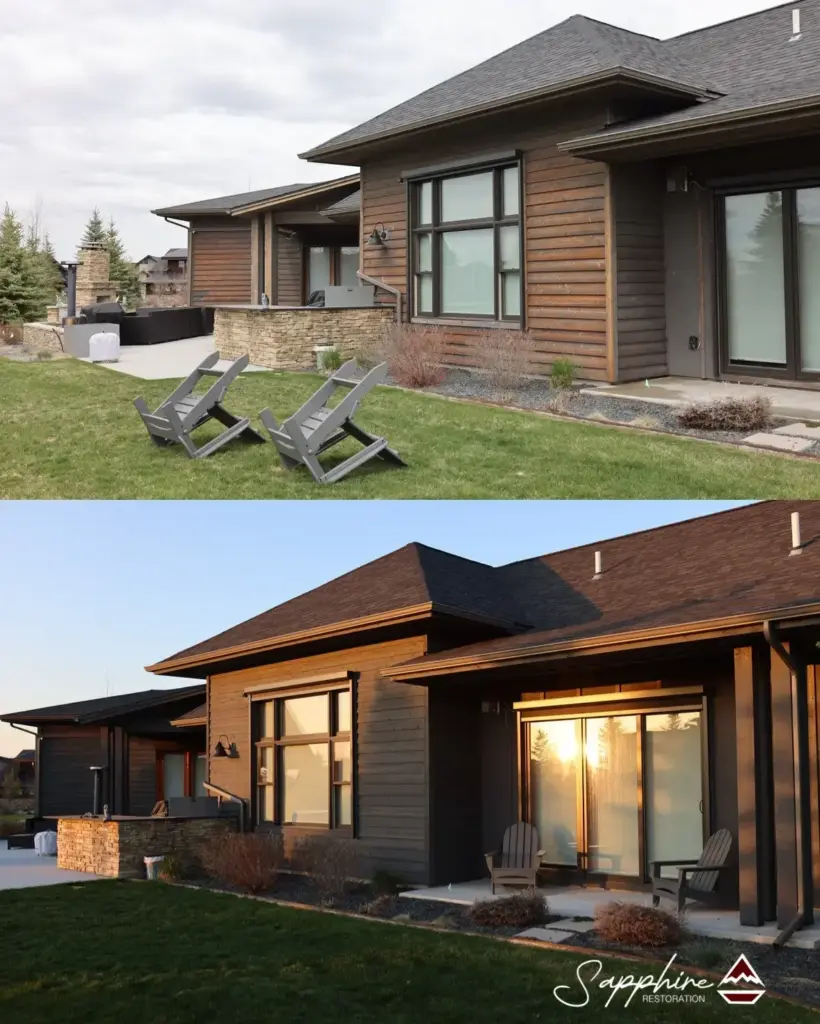 Before-and-after exterior of a modern ranch-style home: wood siding, stone veneer, large windows, and outdoor seating on a lawn.