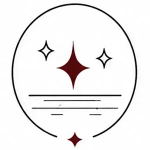Circular badge with red star-like sparkle center, two smaller sparkles, and several horizontal lines beneath; a small red diamond at the bottom edge.