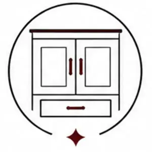 Outline drawing of a cabinet with two doors and a drawer, framed by a circle with a small decorative star below.