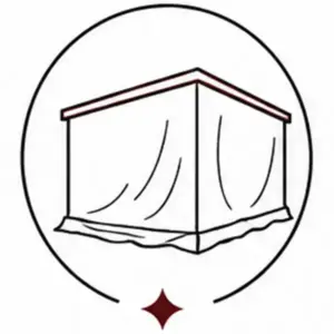 Badge-style icon of a tent with draped curtains inside a circle, and a small red star at the bottom.