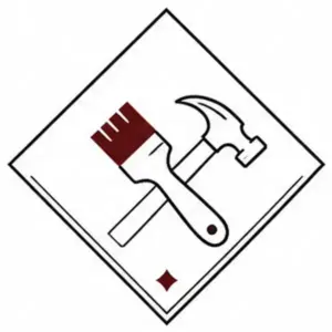 Crossed hammer and paintbrush inside a diamond warning sign, indicating handyman painting/repairs.