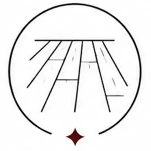Circular emblem with radiating straight lines forming a canopy-like pattern and a small red star beneath the circle.