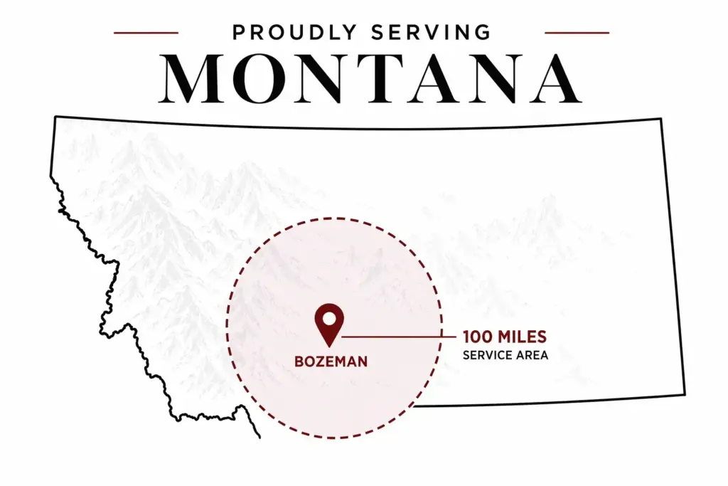 Infographic showing Montana with a 100-mile service radius around Bozeman, highlighting the area we serve