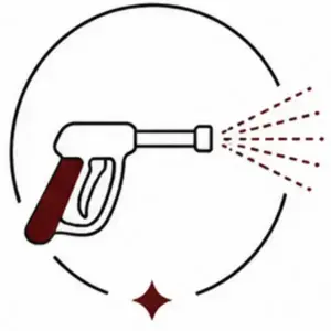 Paint spray gun icon spraying a fine mist to the right, framed by a circular target outline.