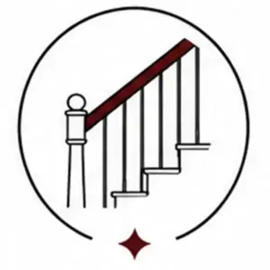 Logo-style circle showing a short, angled staircase with a dark red handrail and a small red star beneath