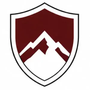 Shield-shaped crest with white angular mountains on a maroon field.