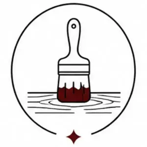 Paintbrush dipped in red paint, making ripples inside a circular badge.