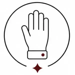 Raised white gloved hand inside a circular outline, with a small red dot on the cuff and a red starburst beneath.