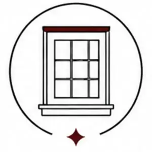 Circular badge with a simple drawn window inside; red top trim and a small red diamond beneath the circle.